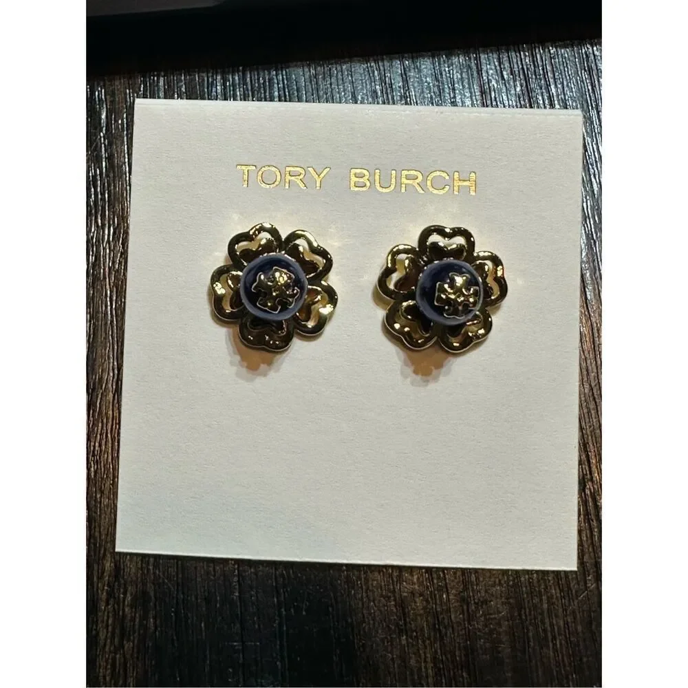 Tory Burch NEW 16k-gold plate blue faux pearl Katie Stud Earrings